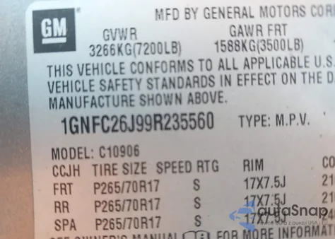 2009 Chevrolet Suburban 1500 Lt2 z USA, uszkodzony, nr VIN 1GNFC26J99R235560